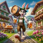 DALL·E 2024-03-16 21.40.27 - An anthropomorphic rabbit, dressed in traditional Bavarian lederhosen, is cheerfully delivering beer. The scene is set in a picturesque village with t.webp